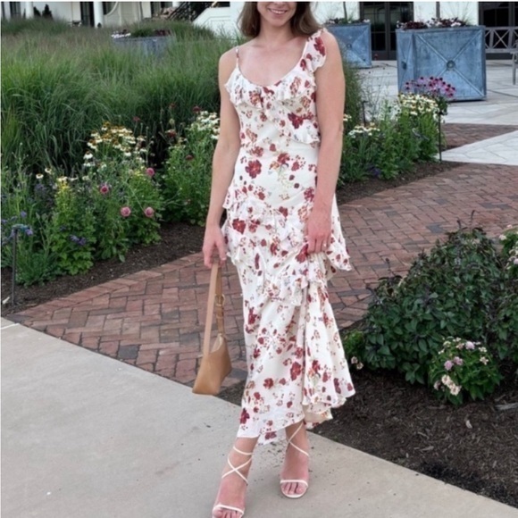 Anthropologie Let Me Be Dress Ruffle Maxi Tiered In Cream Red Floral